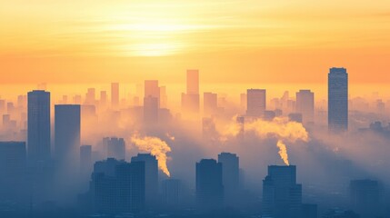 Fototapeta premium A city skyline with heavy smog and air pollution, illustrating the impact of global warming and industrial emissions on urban air quality.