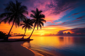 Vivid, colorful sunset casts its glow on a tropical island beach lined with swaying coconut palm trees, painting a serene and picturesque scene