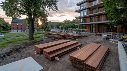 A steel-frame structure is being built at sunset, showcasing a blend of concrete slabs and iron beams stacked on the ground in an expansive industrial area