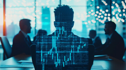 Obraz premium Silhouette of a businessman with data overlay.