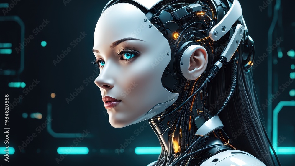 Aufkleber a futuristic humanoid robot with a sleek design and glowing features, emphasizing technology and inn