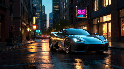 A sleek black sports car driving on a rainy night in a city, with neon lights reflecting off the wet street.