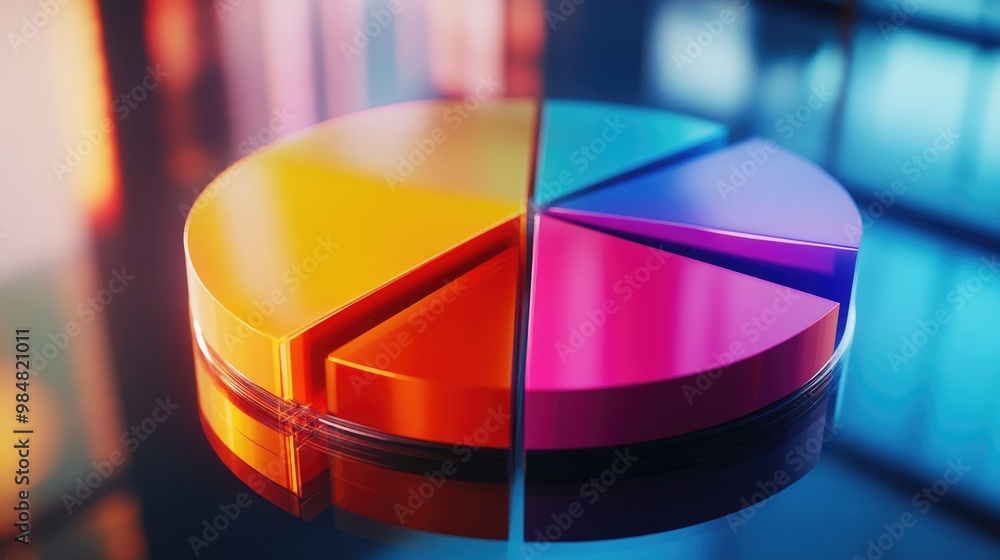 Poster a close-up of a 3d pie chart with gradient colors, showcasing financial statistics, with each slice 