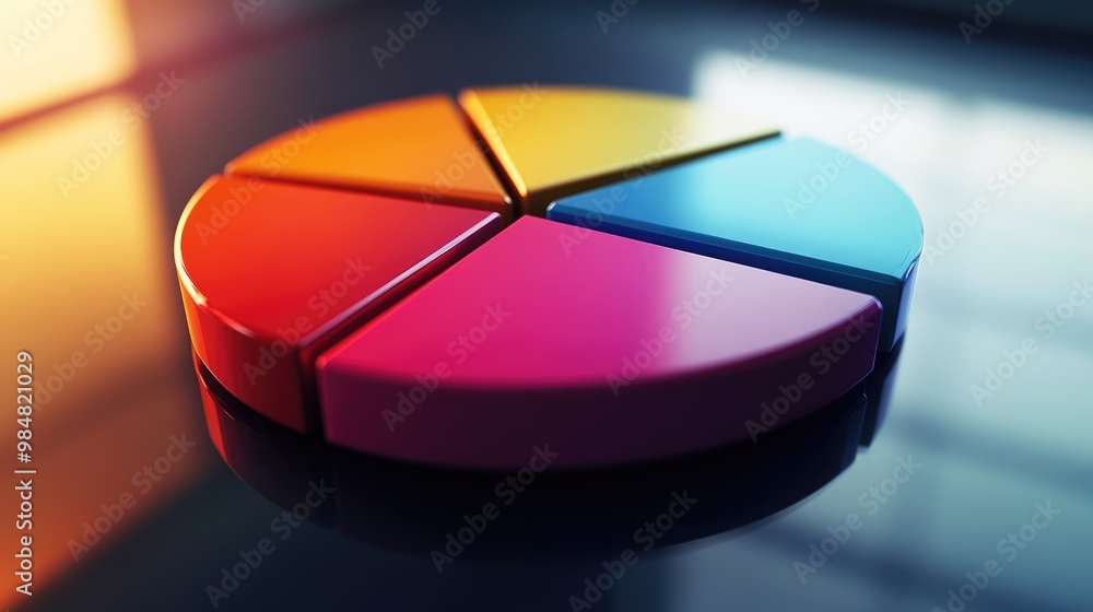 Poster a close-up of a 3d pie chart with gradient colors, showcasing financial statistics, with each slice 