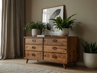 Elegant wooden dresser with detailed drawers and plants in a modern interior.