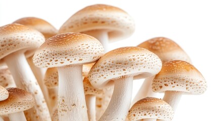 A close-up of a cluster of beautifully shaped mushrooms with smooth, delicate caps and stems, arranged on a white background to highlight their natural beauty.