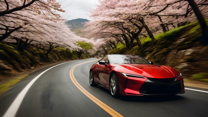 Naklejka premium This is a dynamic and vibrant image of a red car driving down a curvy road in a mountainous area. The car is the focal point of the image, with blurred trees and flowers in the background, suggesting 
