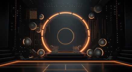 A futuristic, dark and minimalist room with glowing orange lights and a circular platform in the center.