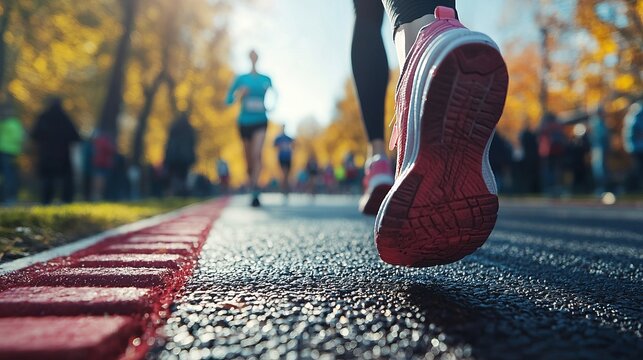 A close-up view of a runner's feet on a marathon track surrounded by autumn trees, showcasing movement and energy.