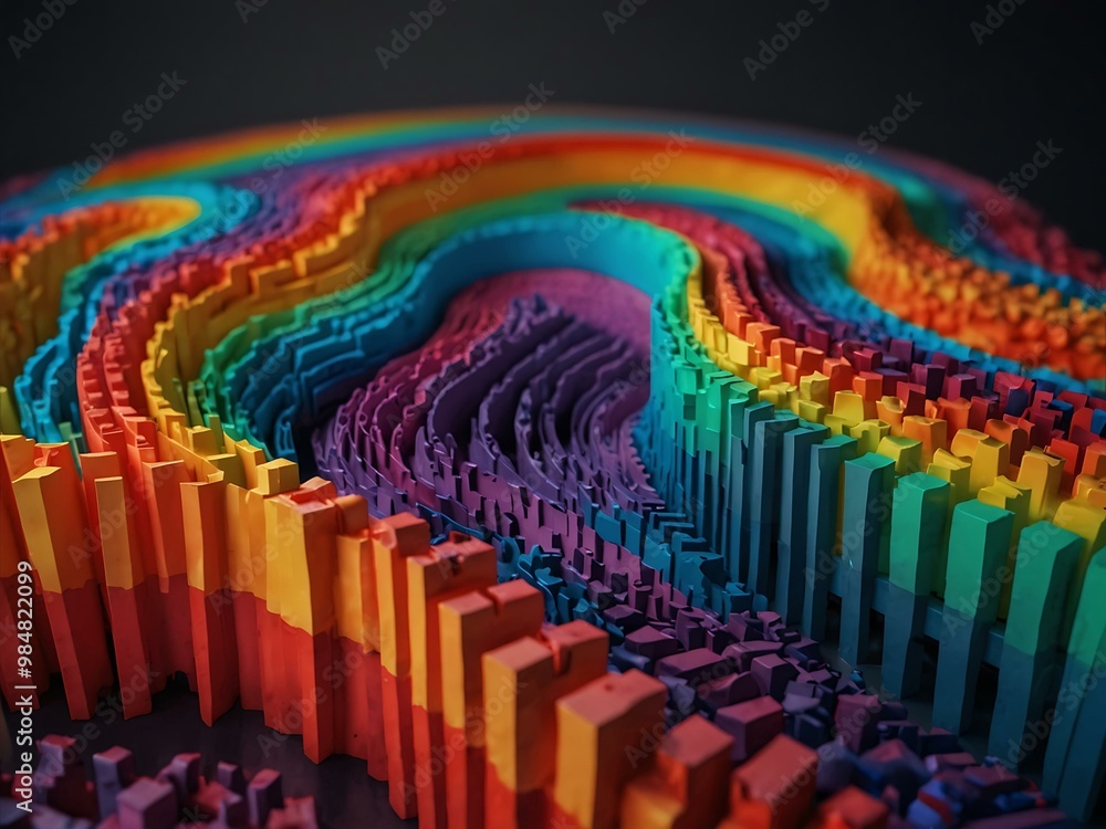 Poster experimental abstract 3d models creating optical illusions with rainbow colors.