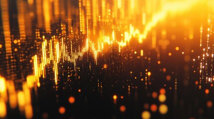 A close-up of a digital gold price chart with candlestick patterns and indicators, set against a sleek, modern background with a focus on the golden lines.