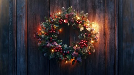 Fototapeta premium A festive wreath made of pine, holly, and berries, glowing with warm holiday lights and hanging on a rustic wooden door.