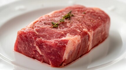 Fototapeta premium A close-up of a fresh pork tenderloin displayed on a white plate, with a clean, white background highlighting its vibrant color and texture.