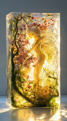 Fairy encased in resin block with glowing flowers and tree branches