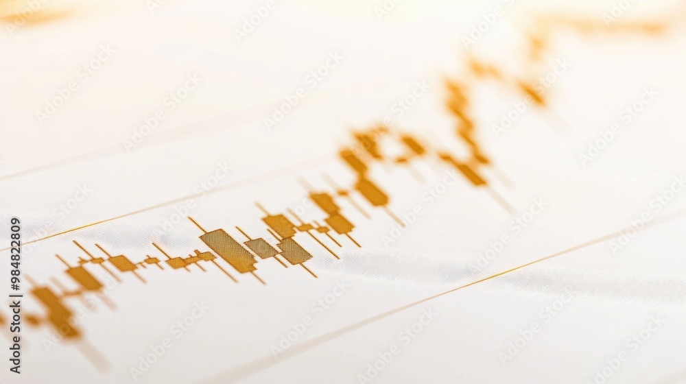 Poster a close-up of a gold price graph with candlestick charts and moving averages, presented on a white b