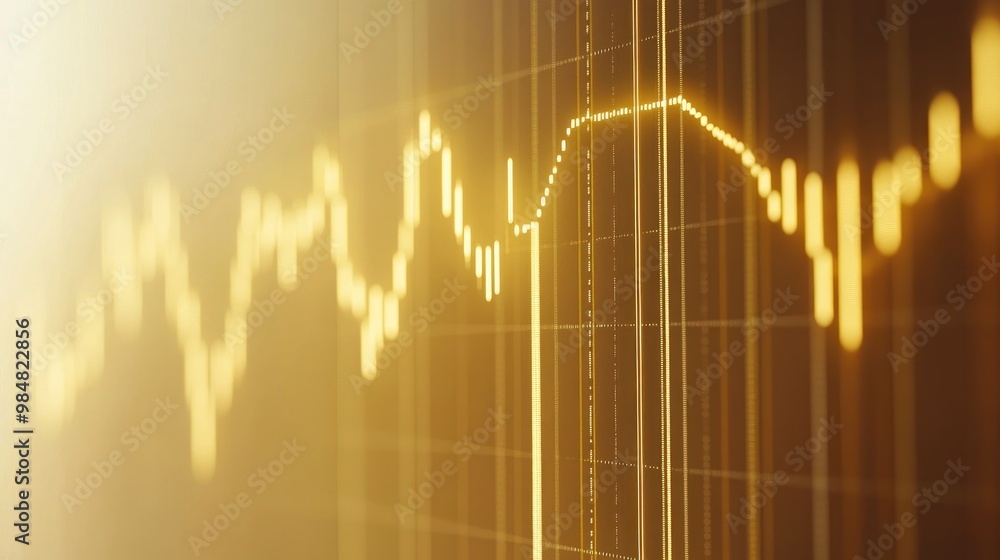 Poster a close-up of a gold price graph with candlestick charts and moving averages, presented on a white b
