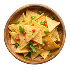 Nachos on wooden bowl isolated on transparent background