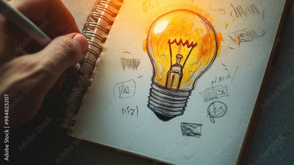Poster a close-up of a hand drawing a light bulb on a notepad, with additional sketches and notes scattered