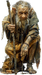 A close-up portrait of an old, weathered goblin, holding a stick, posing against a white background.