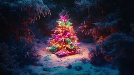 A glowing Christmas tree standing in the center of a snowy forest, with multicolored lights illuminating the frosted branches.