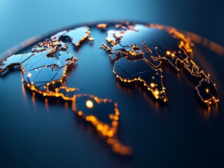 Illuminated world map in 3D rendering with glowing connections on a dark background representing global connectivity and technology.