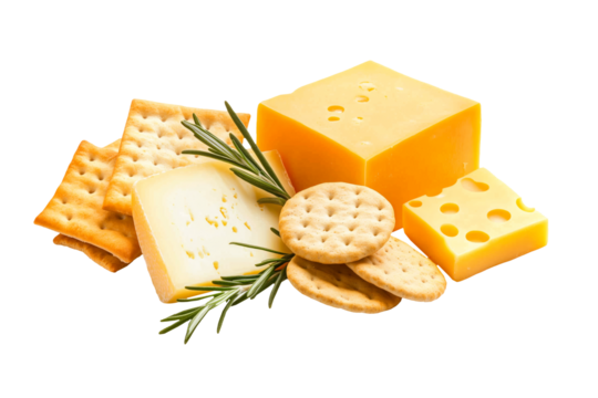 Assorted cheese blocks and slices with crackers and fresh rosemary isolated on white transparent background.
