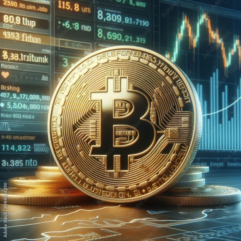 Poster a stack of golden bitcoin coins against a backdrop of financial charts and market data, representing
