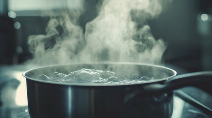 A close-up of a pot with water at a rolling boil, with the steam creating a hazy effect and the surrounding kitchen counter slightly blurred.