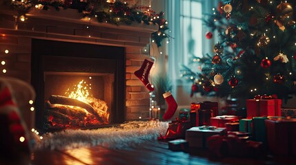 Obraz premium A glowing fireplace casting light on holiday decorations, with twinkling lights, stockings, and a decorated Christmas tree nearby.