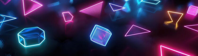 Fototapeta premium Bright, neon-colored geometric shapes floating in a dark, abstract space, representing futuristic and imaginative design