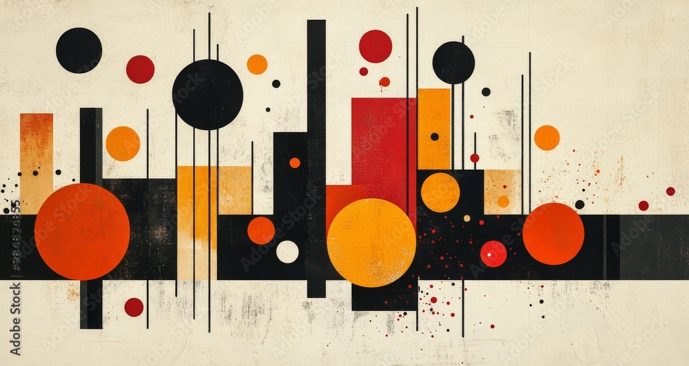 Poster abstract geometric design featuring vibrant circles and lines in a dynamic arrangement