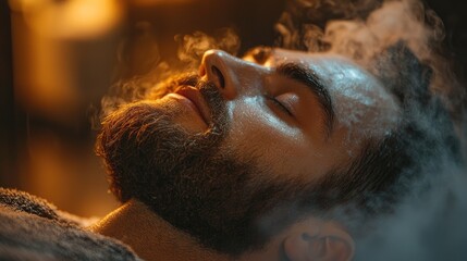 Barber applies warm towel on clients face during grooming for steam treatment