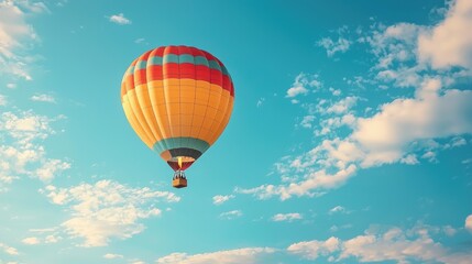Obraz premium Colorful hot air balloon soaring through bright blue sky with scattered clouds