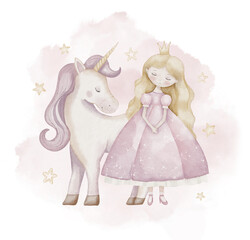 Princess with Unicorn watercolor illustration. Hand drawn art with magic Horse and girl with blonde long hair for Baby shower greeting cards or girl nursery wall art. Fantasy drawing in pastel colors.