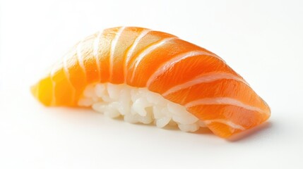 A close-up of a single piece of nigiri sushi, with glistening salmon resting on perfectly shaped rice, isolated on a white background to highlight its simplicity and freshness