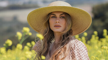 Woman Wearing A Wide Brimmed Straw Hat