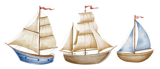 Sailboat watercolor illustration. Drawing of sailing ship in pastel colors for Baby shower design on isolated background. Sketch of Boat or Yacht for childish design in nautical style. Colorful Sailer © Alisles