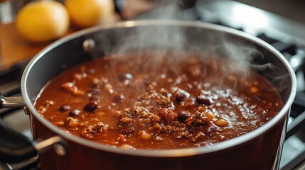 A close-up of a steaming pot of homemade chili on the stove, with rich, red sauce and chunks of meat and beans clearly visible, set against a warm kitchen backdrop.