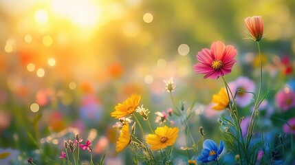 A vibrant field of colorful flowers basking in warm sunlight, creating a serene and cheerful atmosphere in nature.