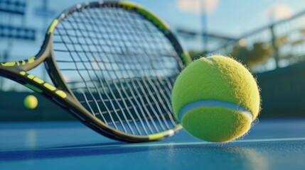 A close-up of a tennis ball being served, with the racket in mid-swing and the ball captured in sharp focus against the backdrop of a tennis court.