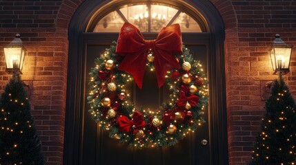 A grand Christmas wreath with large red bows, golden bells, and twinkling lights, hanging on a stately brick house.