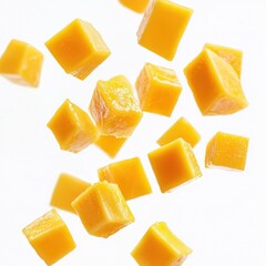 Cubes of ripe mango suspended in mid-air, isolated on a white background.