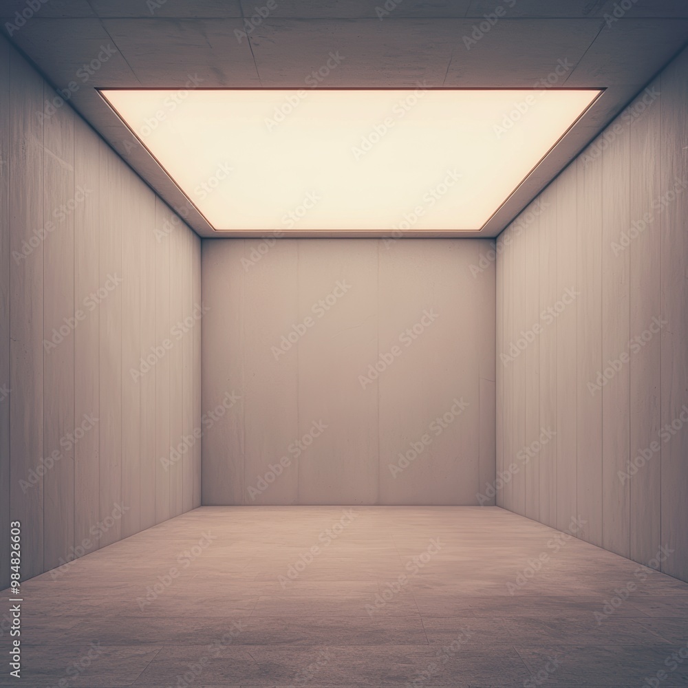 Poster empty minimalist room with soft lighting from a ceiling panel. the neutral tones of the walls and fl