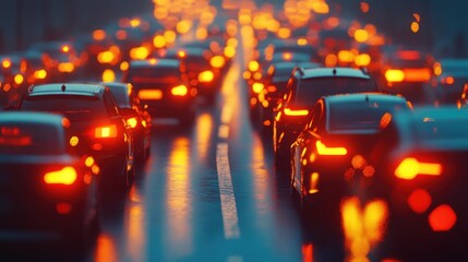 Fototapeta premium A close-up of a traffic congestion scene with long lines of cars and brake lights glowing, showing the frustration of drivers during rush hour, set against a white background.