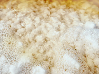 The process of crystallization of native salt. Hypersaline Lake. Red-brown water is determined by...