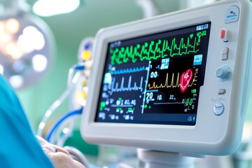 Fototapeta premium A close-up of a heart monitor, showing the patientâ€™s heart rate and vital signs during a procedure