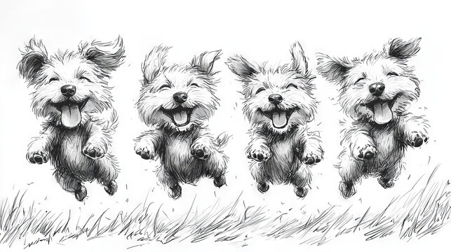 Four adorable puppies joyfully leap through the air.