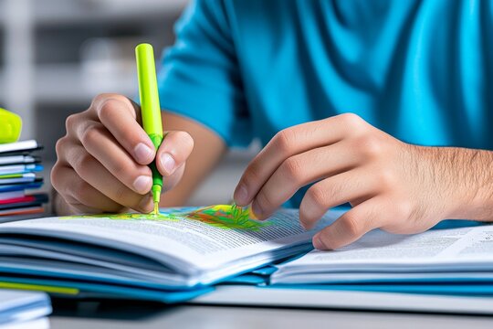 A close-up of a student highlighting text in a textbook, with a stack of study materials on the desk