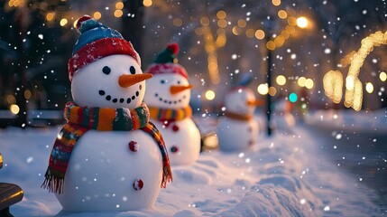 A group of snowmen with colorful scarves and hats, standing in a snow-covered park with holiday lights glowing nearby.