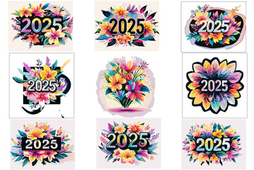  2025 number set of vectors new year colorful collection font transparent background Floral flowers